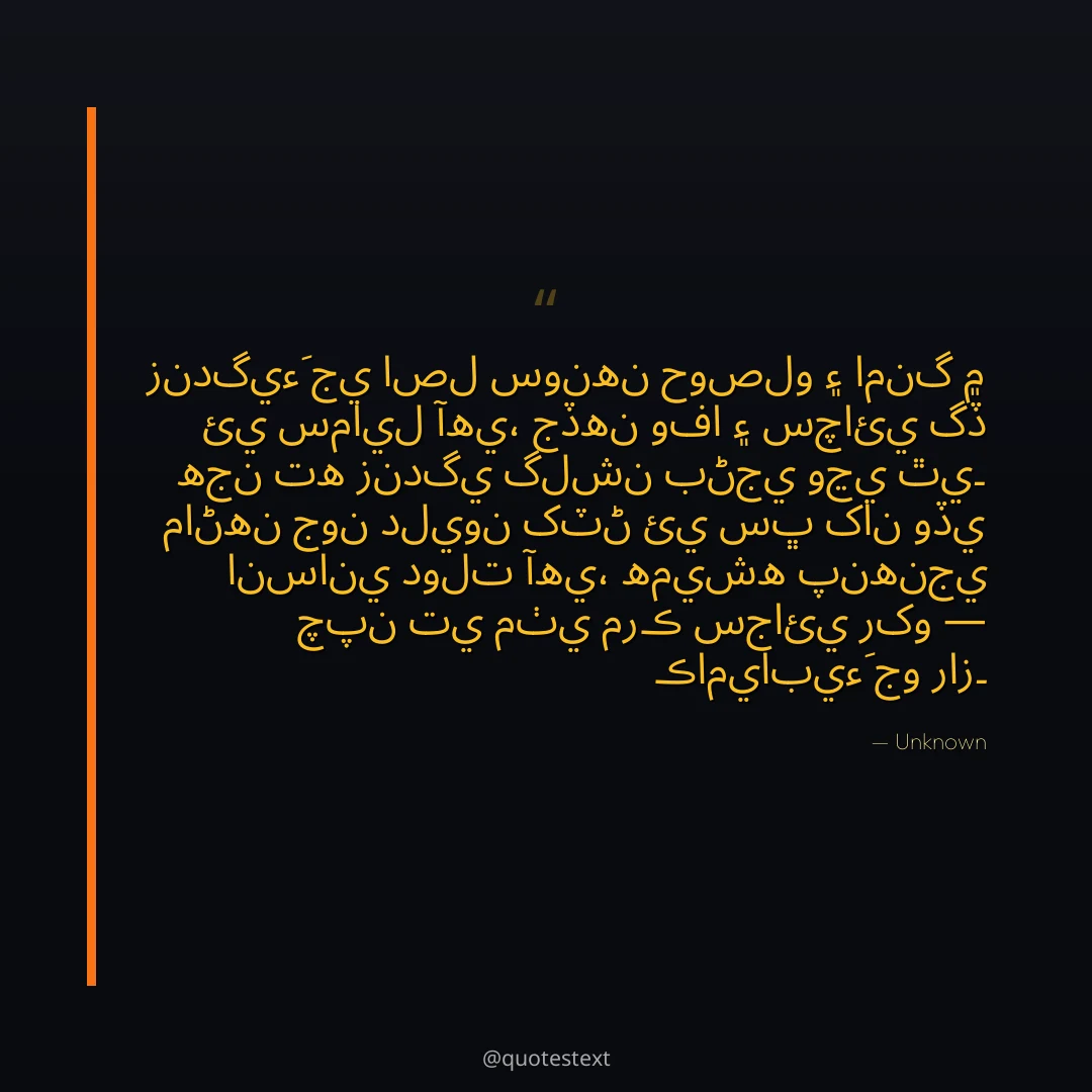 زندگيءَ جي اصل سونهن حوصلو ۽ امنگ ۾ ئي سمايل آهي،
جڏهن وفا ۽ سچائي گڏ هجن ته زندگي گلشن بڻجي وڃي ٿي۔
ماڻهن جون دليون کٽڻ ئي سڀ کان وڏي انساني دولت آهي،
هميشه پنهنجي چپن تي مٺي مرڪ سجائي رکو — ڪاميابيءَ جو راز۔